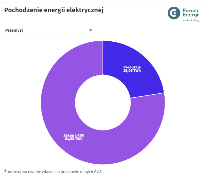 Zużycie energii elektrycznej przez przemysł wynosi 67 TWh.
78% pochodzi w skali całego przemysłu z KSE, choć udział ten może wynosić o 0% do 100%, w zależności od gałęzi.